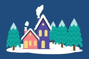 Snowy House Or Residence With Warm Light Surrounded By Pine Trees In Christmas Season vector