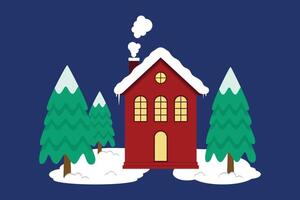 Cute Colorful House Or Residence With Warm Light Surrounded By Snow And Pine Trees In Christmas Season vector