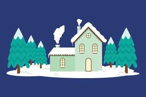 House With Warm Light Surrounded By Snow And Pine Trees In Christmas Season vector