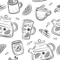 Winter drinks culinary seamless pattern. Mulled wine and ingredients. Punch in pan, apple, spices. Sketch background. vector