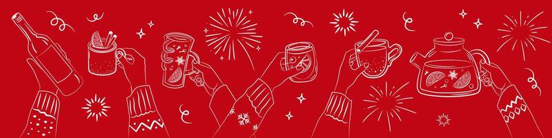 Hands holding mulled wine glasses, holiday and party atmosphere. illustration in sketch style. Invitation design element, banner, template. vector