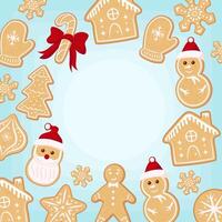 Stock gingerbread cookies blue background. Copy space in the middle square christmas greeting card. vector
