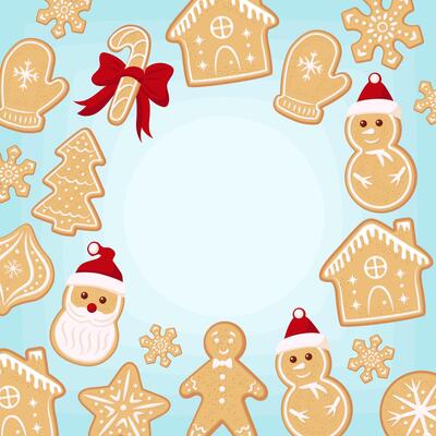 Stock gingerbread cookies blue background. Copy space in the middle square christmas greeting card.