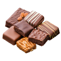 Assorted chocolate bars with fillings stacked together, isolated on transparent background png