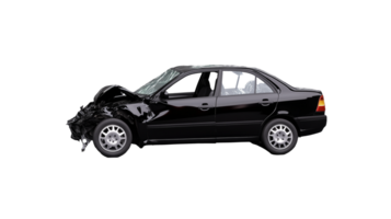 Crashed gray car with visible front damage, isolated on transparent background png