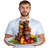 Smiling chef holding a platter of kebabs and vegetables, isolated on transparent background png