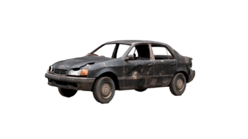 Wrecked black sedan with front-end damage, isolated on transparent background png