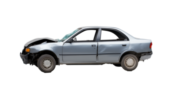 Broken silver car with severe front-end collision damage, isolated on transparent background png