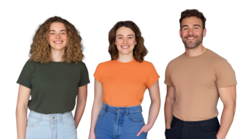 Group of friends standing together with casual smiles, isolated on transparent background png