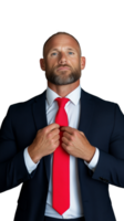 Serious businessman adjusting red tie in formal suit, isolated on transparent background png