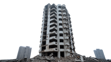 Tall building partially collapsed with exposed floors, isolated on transparent background png