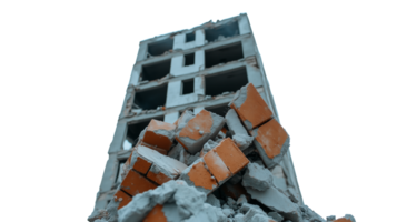 Collapsed building ruins with concrete rubble, isolated on transparent background png