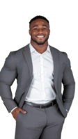 Cheerful man in suit with hands in pockets, isolated on transparent background png