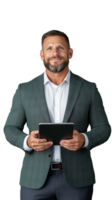 Smiling man in green blazer holding tablet, isolated on transparent background png