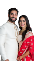 Smiling couple in traditional attire, embracing, isolated on transparent background png