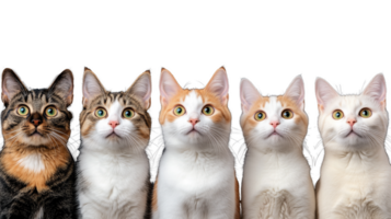 Five cats in a row with various colors and expressions, isolated on transparent background png