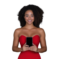 Smiling woman in red dress holding smartphone, isolated on transparent background png