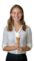 Happy girl holding a soft-serve ice cream cone, smiling, isolated on transparent background png