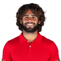 Bearded man in red polo shirt smiling warmly, isolated on transparent background png