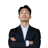 Young businessman in a formal suit crossing arms and gazing upward, isolated on a transparent background png
