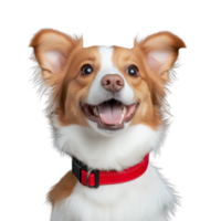 Happy fluffy dog with perked ears and red collar, smiling and looking forward, isolated on a transparent background png