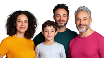 Extended family portrait with two adults and three children, happy group isolated on a transparent background png