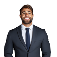 Smiling young man in suit with beard, professional and confident, isolated on a transparent background png