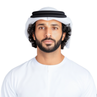 Portrait of man in traditional Middle Eastern attire with white kandura and headscarf, isolated on a transparent background png