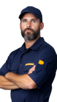 Male worker in navy uniform and cap, arms crossed, looking determined, isolated on a transparent background png