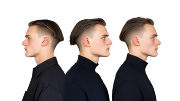 Young man in black turtleneck with multiple side profiles, isolated on a transparent background png
