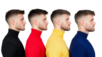 Profile view of young man in colorful turtlenecks, isolated on a transparent background png