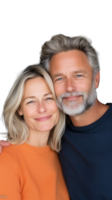 Happy middle-aged couple embracing, both smiling, isolated on a transparent background png
