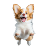 Happy small dog with perked ears and joyful expression, jumping playfully, isolated on a transparent background png
