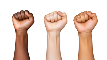 Raised fists in various skin tones showing solidarity and unity, isolated on a transparent background png
