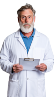 Elderly male doctor in white coat holding a clipboard, looking professional and friendly, isolated on a transparent background png
