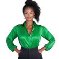 Confident woman in green blouse smiling with hands on hips on transparent background png
