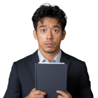 Surprised man in dark suit holding notebook with wide-eyed expression on transparent background png