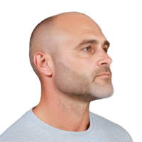 Side profile of bald man with calm expression on transparent background png