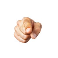 Hand with index finger pointing directly at viewer on transparent background png