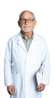 Portrait of elderly doctor in white coat with glasses holding clipboard on transparent background png