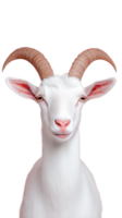 White goat with curved horns looking forward on transparent background png