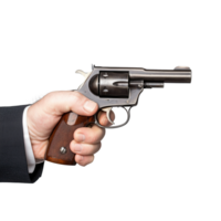 Hand holding silver revolver pointing to the side on transparent background png