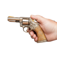 Hand holding classic revolver with wooden grip on transparent background png