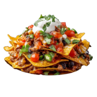 Delicious nachos topped with melted cheese, tomatoes, and sour cream on transparent background png