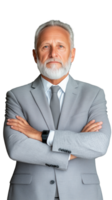 Confident senior man in gray suit with arms crossed on transparent background png