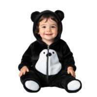 Baby in a black and white penguin costume smiling on transparent background png