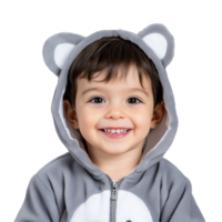 Smiling child in gray bear hoodie with ears on transparent background png