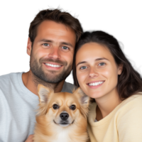 Smiling couple with small brown dog on transparent background png