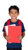 Smiling young boy with red notebook in hands on transparent background png