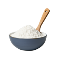Dark blue bowl with flour and wooden spoon on transparent background png
